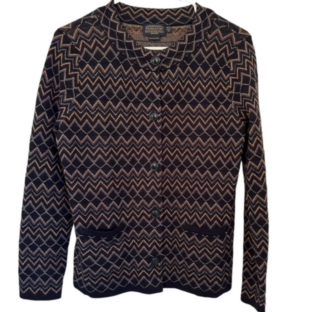 Women's VINTAGE Pendleton Petite SMALL Button Down Cardigan Navy/Gold
